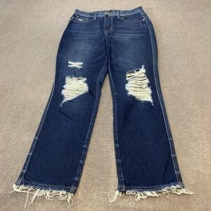 Judy Blue Jeans Womens 9/29 Dark High Rise Straight Distressed Fringe Raw Hem